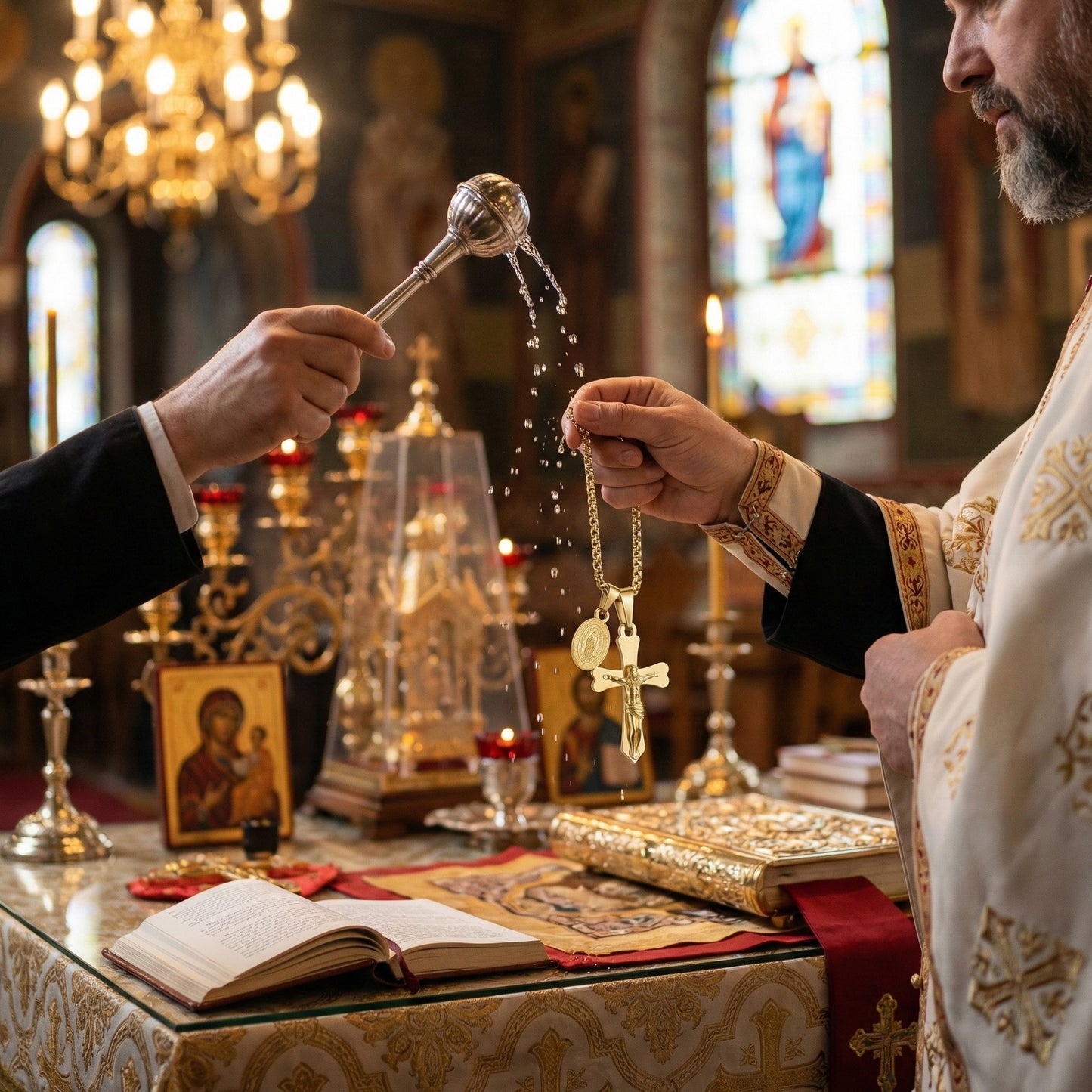 Колие с разпятието на Исус Христос и медальон на Света Богородица