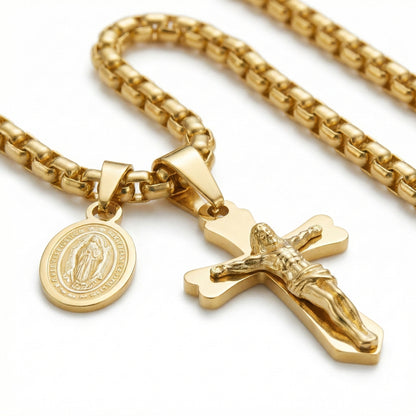 Колие с разпятието на Исус Христос и медальон на Света Богородица