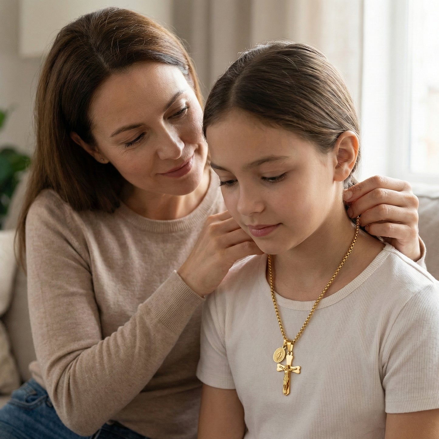 Колие с разпятието на Исус Христос и медальон на Света Богородица