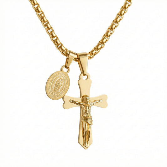 Колие с разпятието на Исус Христос и медальон на Света Богородица